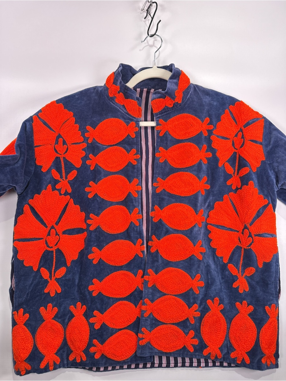 Vintage Velvet Floral Appliqué Jacket Blue Orange Striped Lined Fits Size M L - Picture 3 of 10